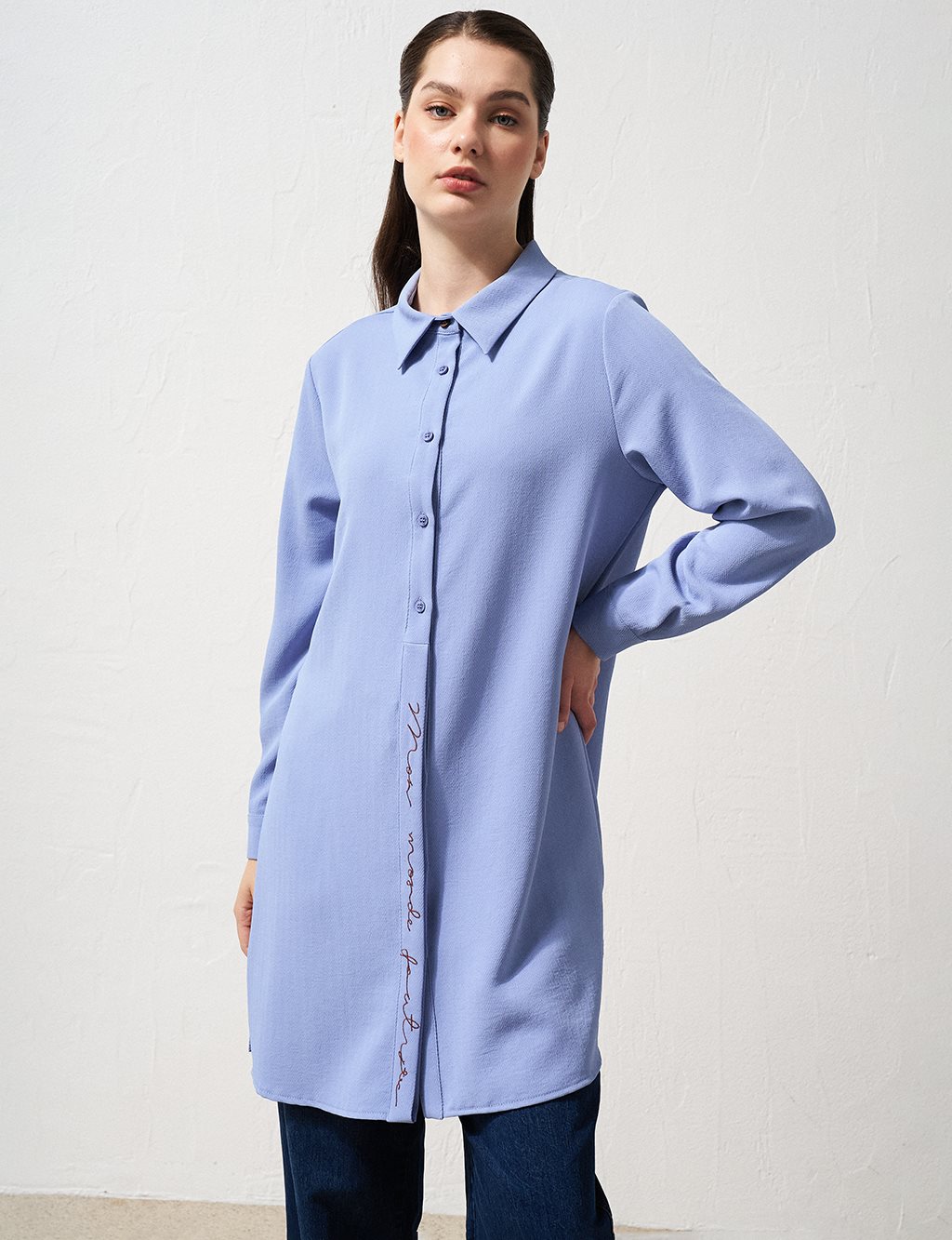 Half Placket Embroidered Tunic Aviator Blue