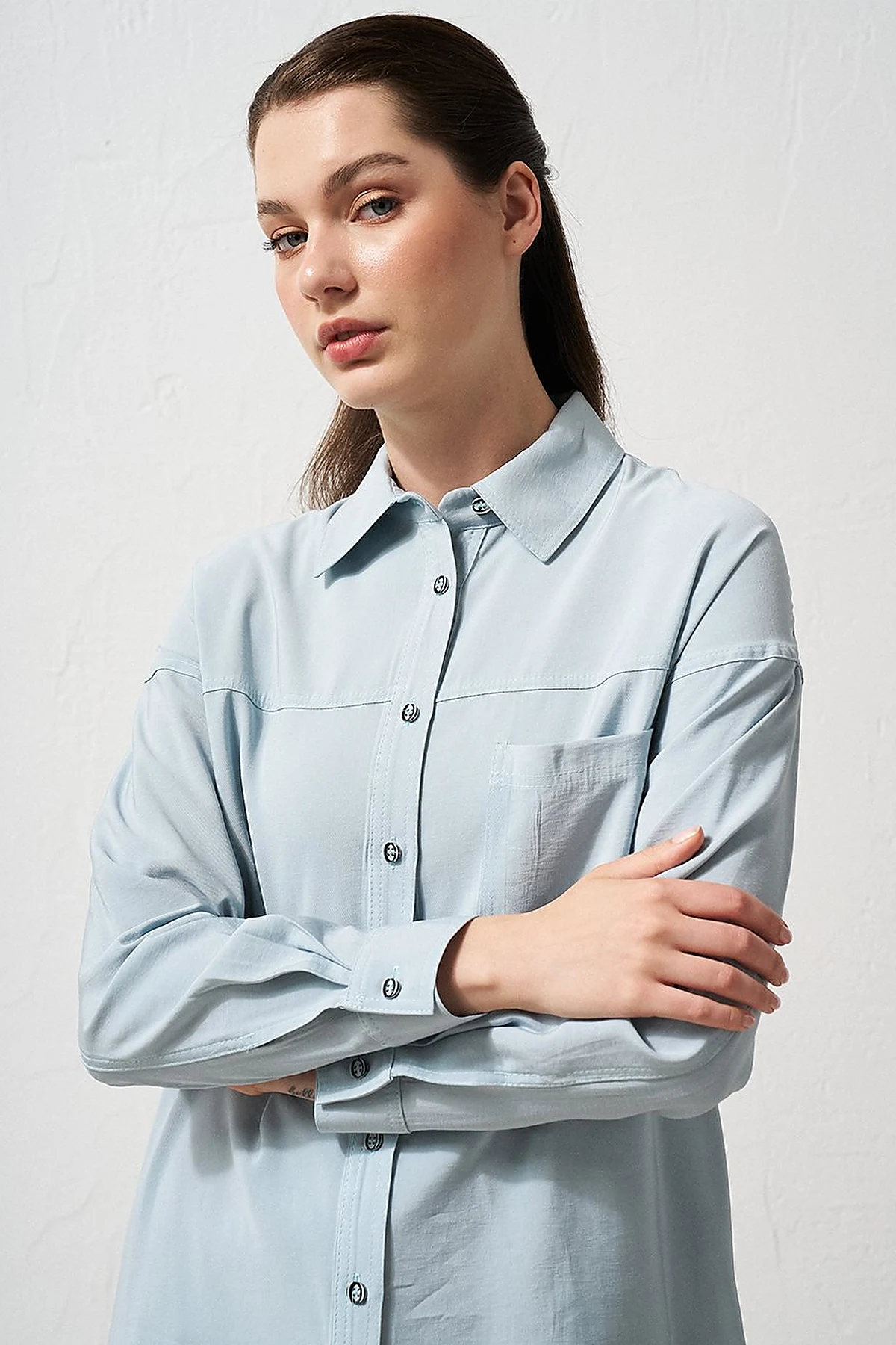 Single Pocket Shirt Collar Tunic Blue 