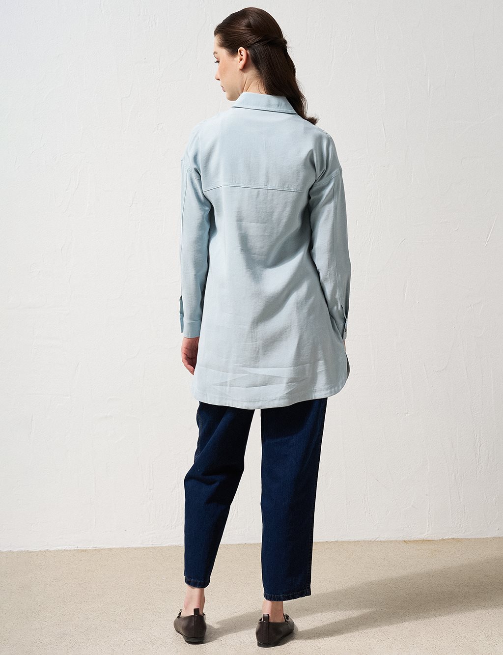 Single Pocket Shirt Collar Tunic Blue 