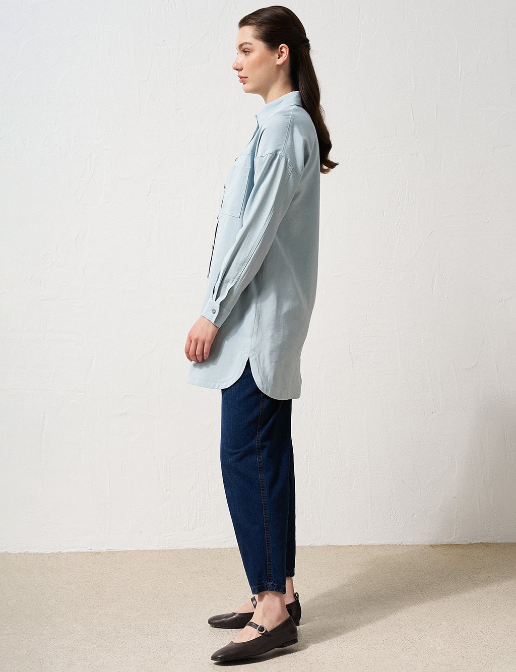 Single Pocket Shirt Collar Tunic Blue 