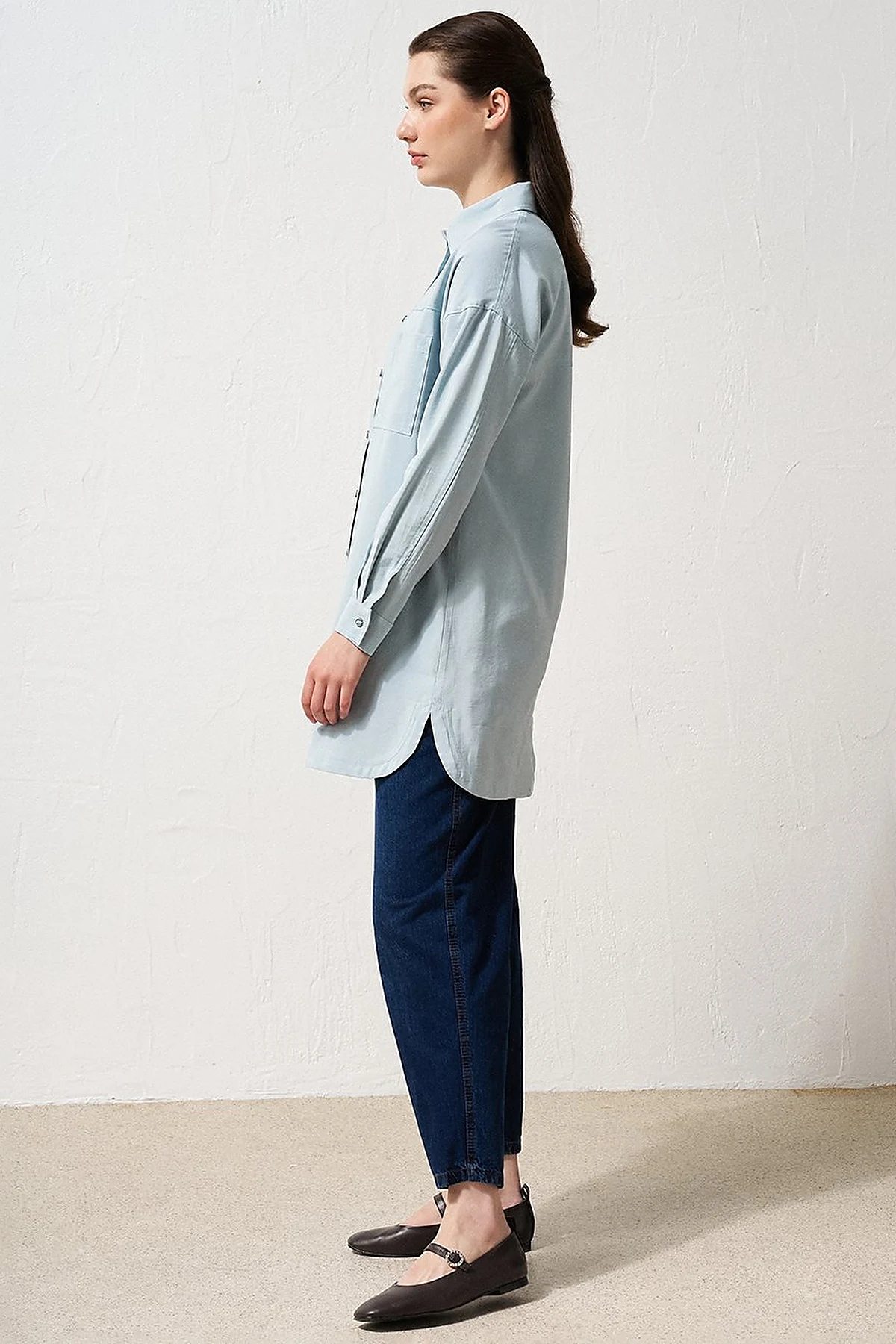 Single Pocket Shirt Collar Tunic Blue 