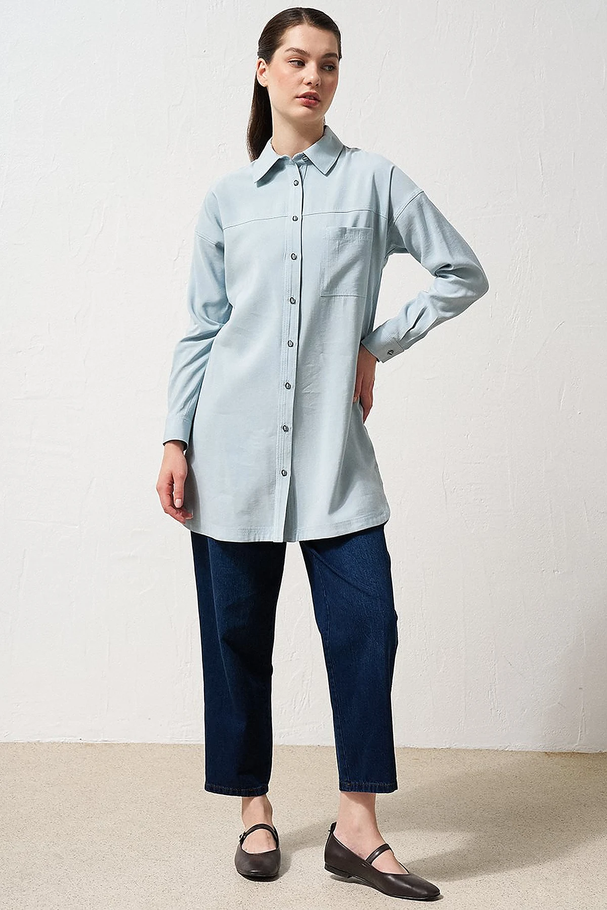 Single Pocket Shirt Collar Tunic Blue 