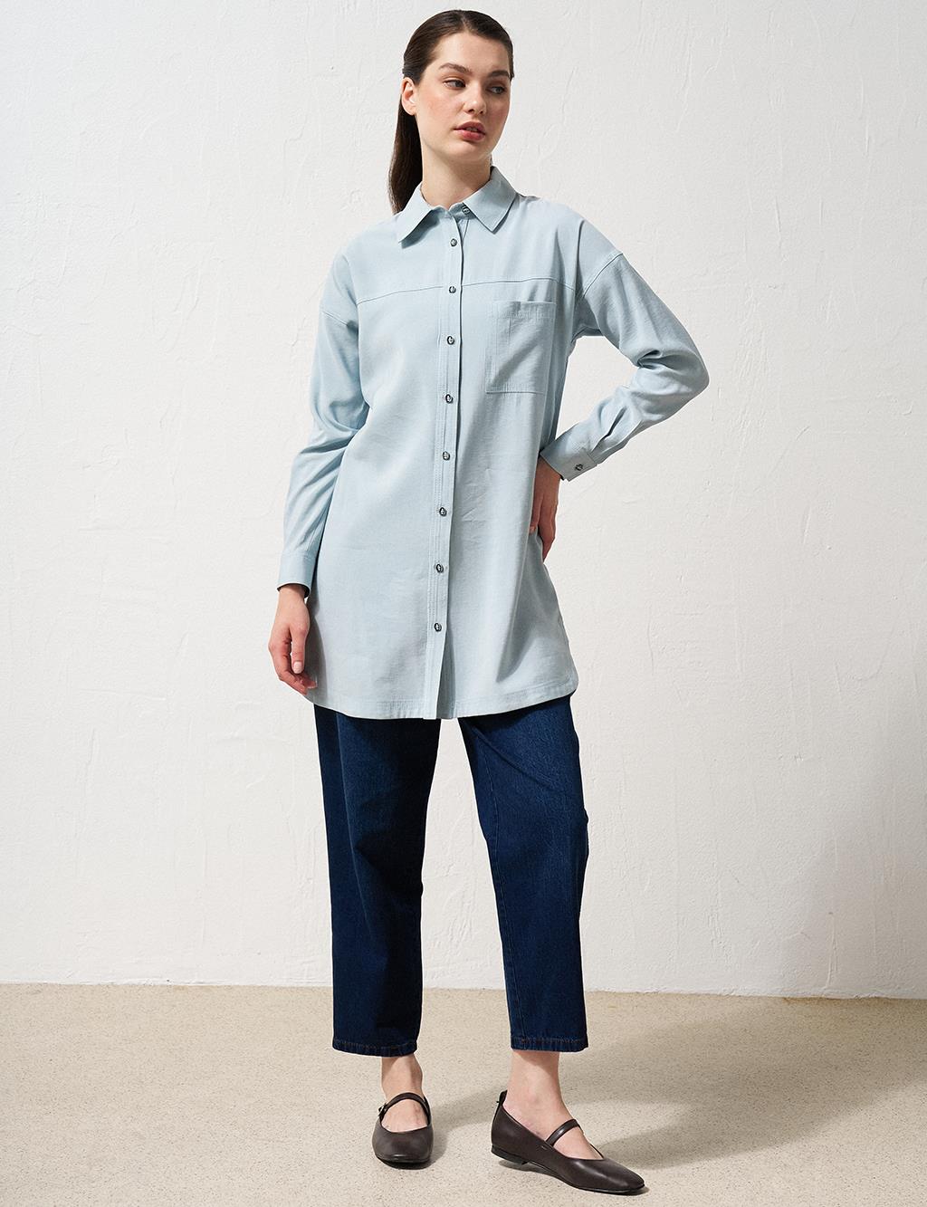 Single Pocket Shirt Collar Tunic Blue 