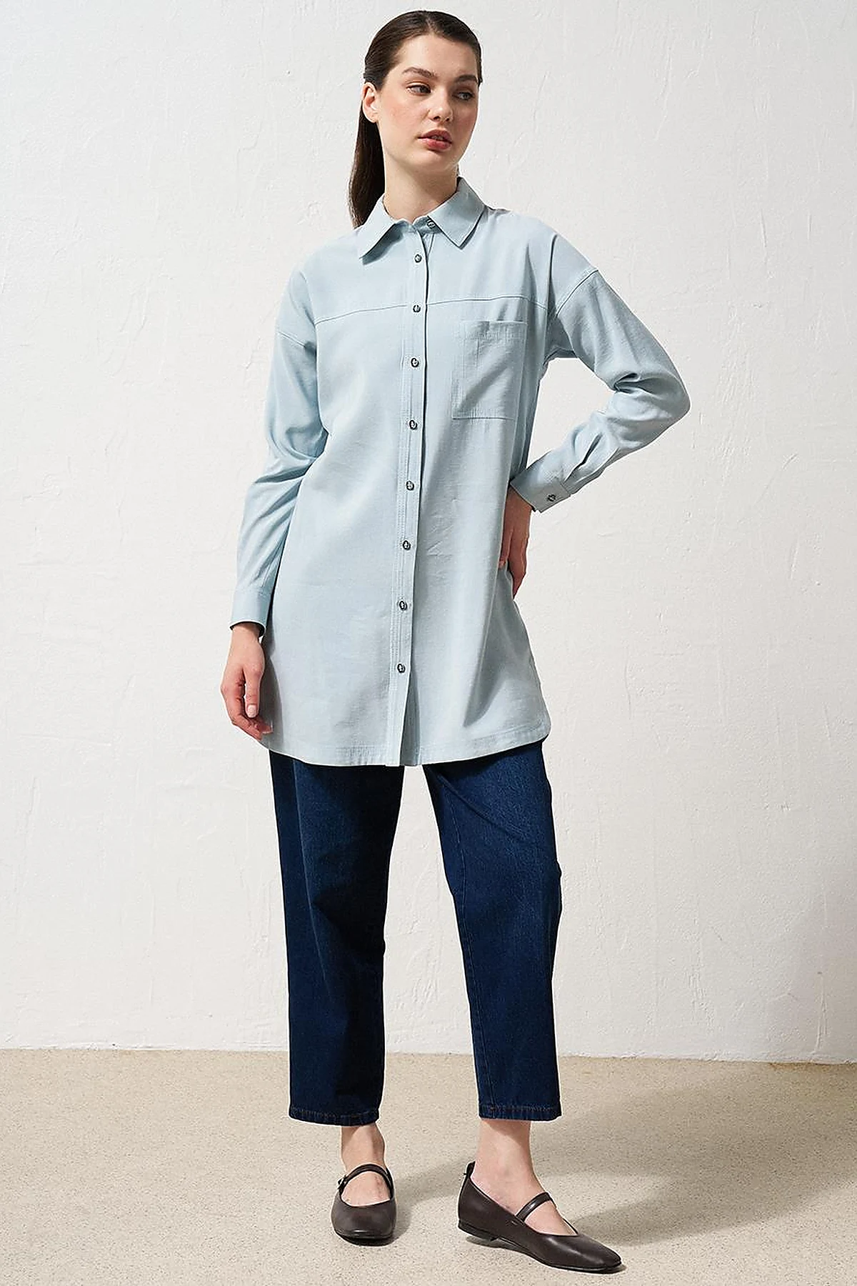 Single Pocket Shirt Collar Tunic Blue 