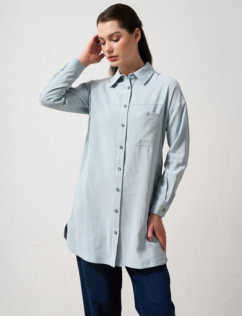 Single Pocket Shirt Collar Tunic Blue 