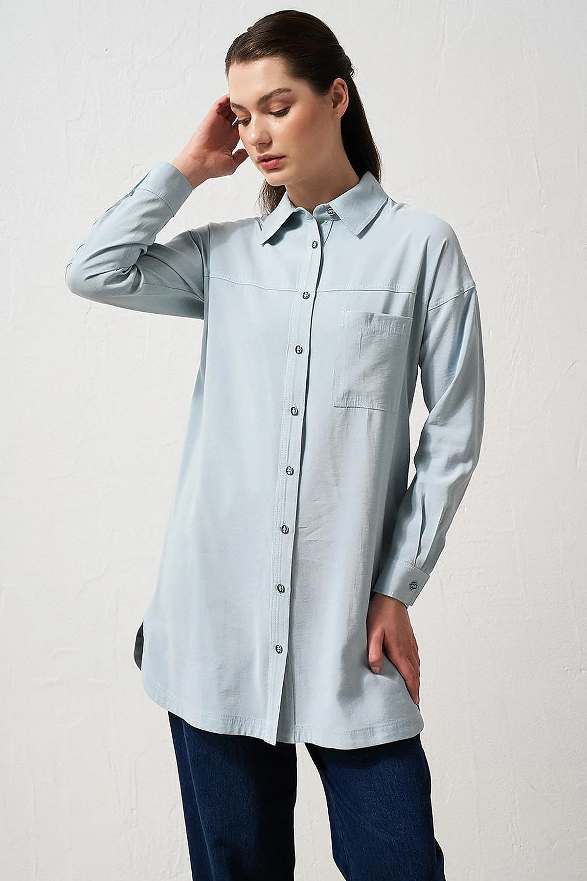 Single Pocket Shirt Collar Tunic Blue 