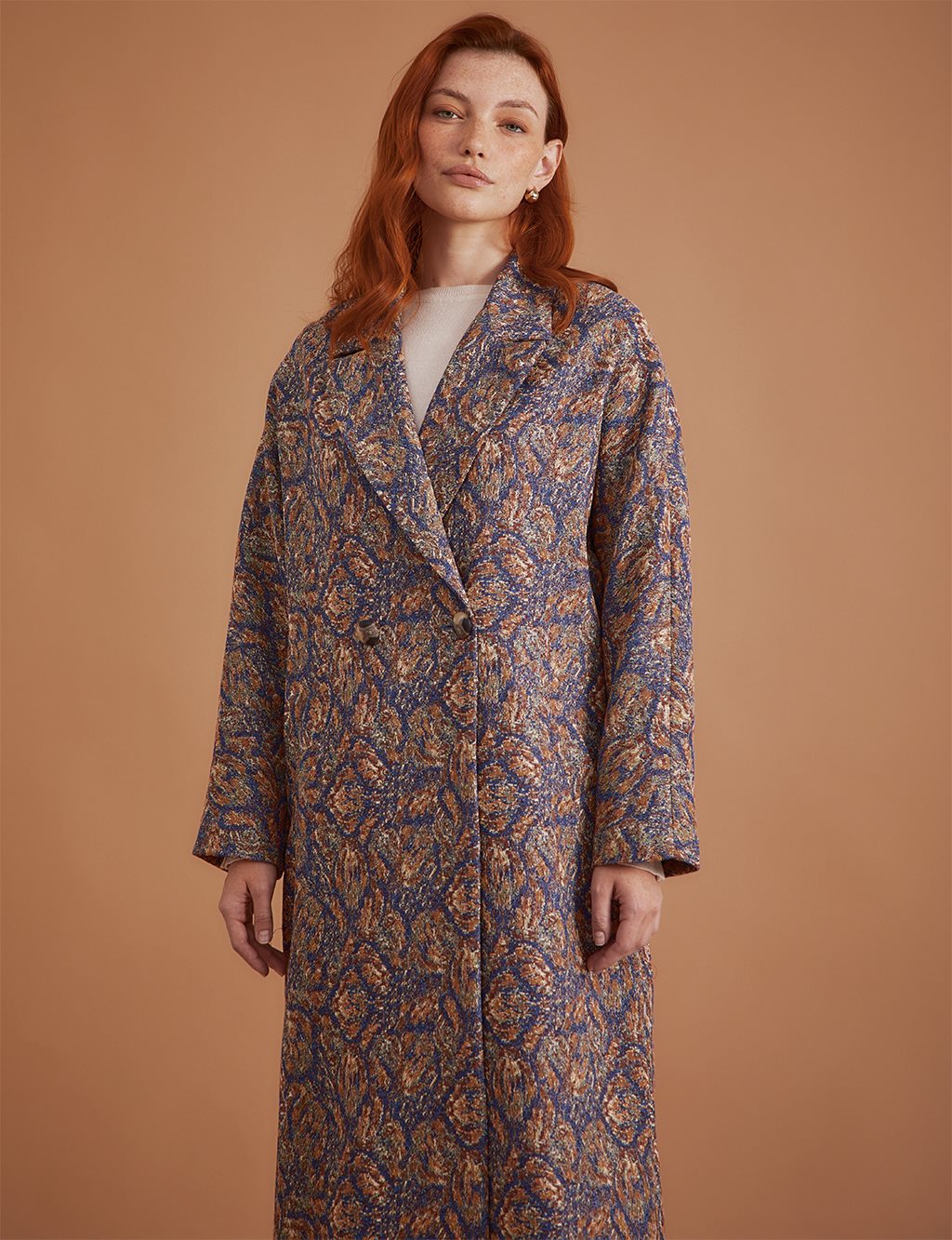 Ethnic Patterned Long Trench Coat Indigo