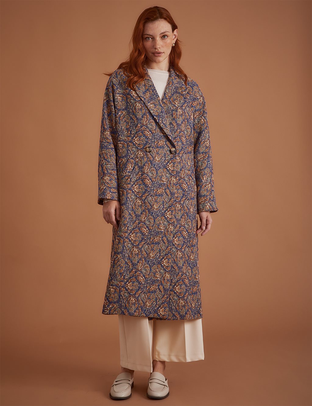 Ethnic Patterned Long Trench Coat Indigo