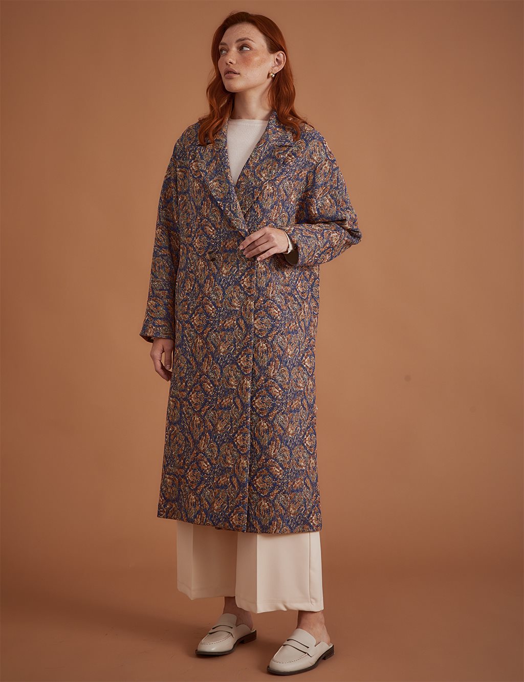 Ethnic Patterned Long Trench Coat Indigo