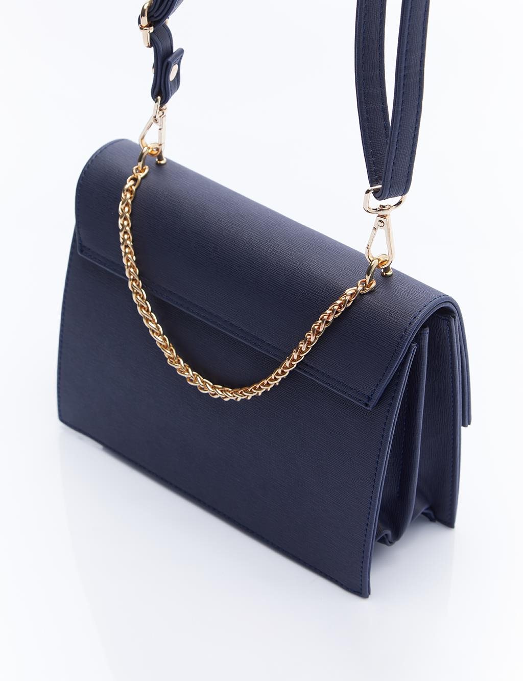 Designer Cover Gold Chain Handle Bag Navy Blue