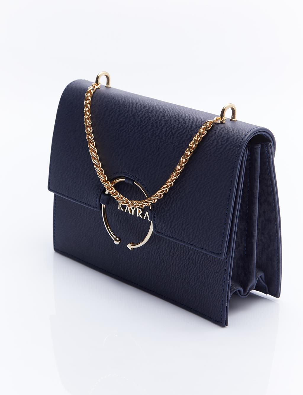 Designer Cover Gold Chain Handle Bag Navy Blue