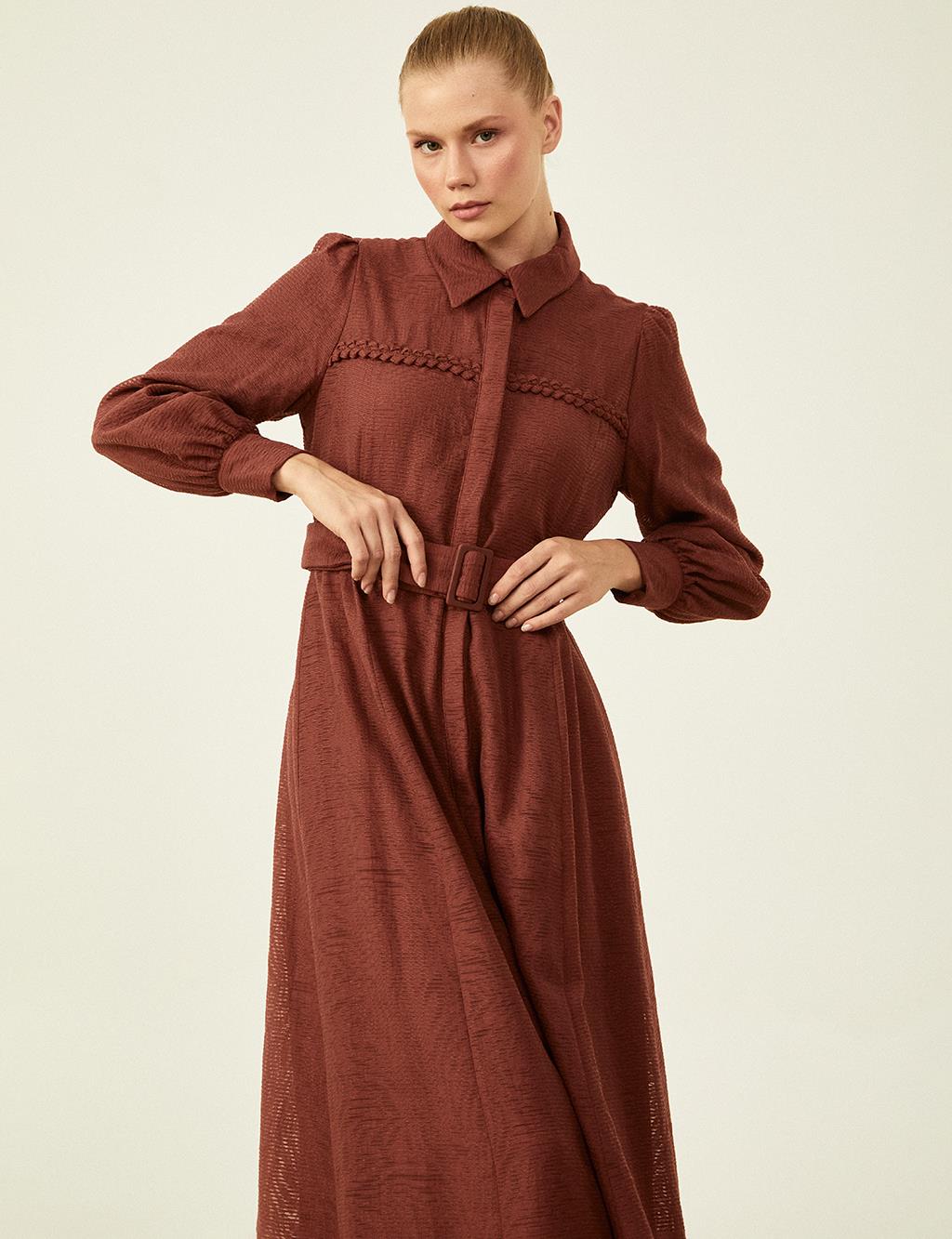 Belt Detailed Dress Red Coffee