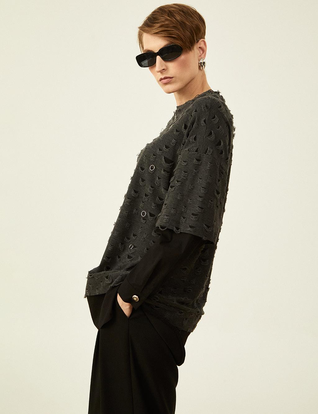 Ring Detailed Knitted Sweatshirt Black