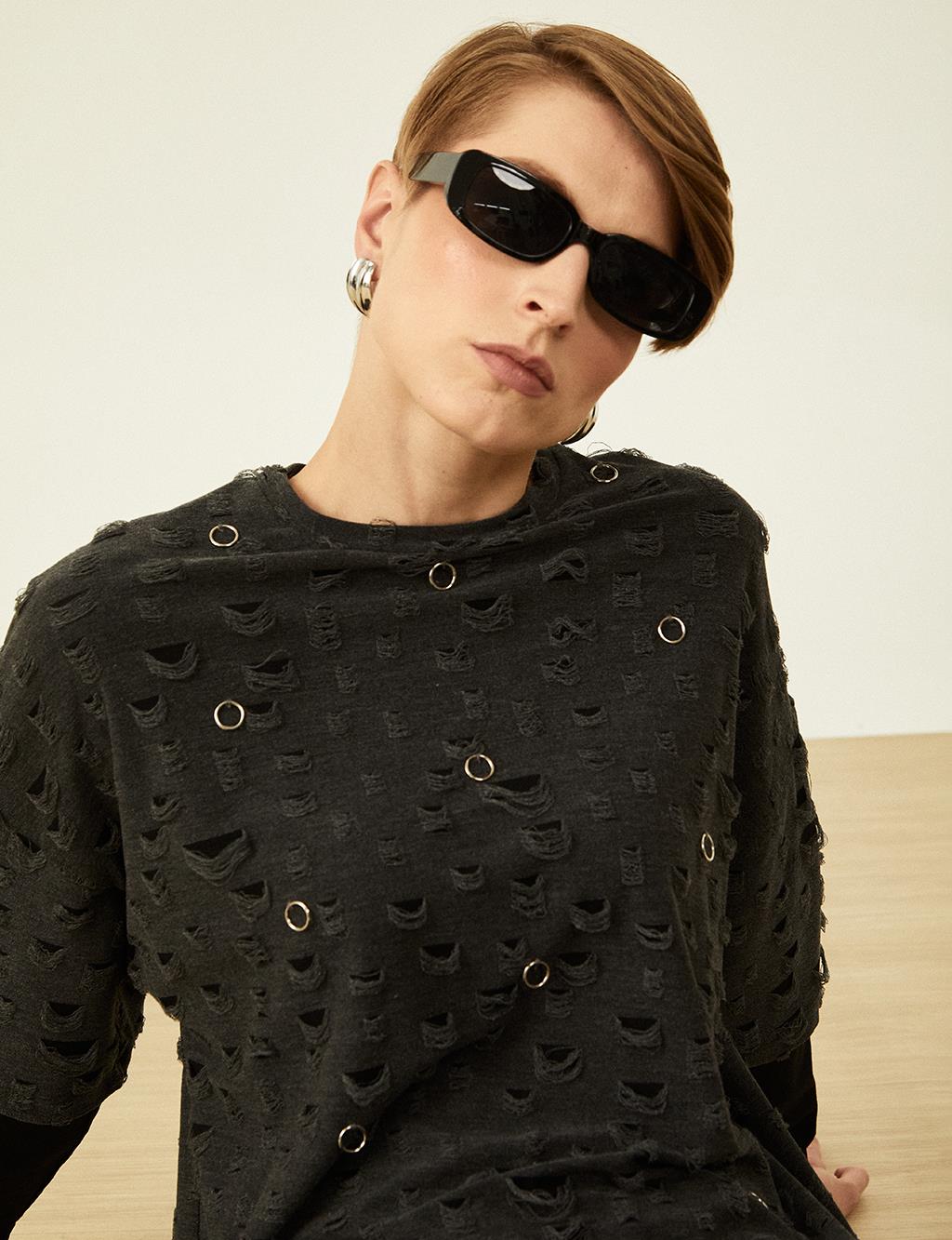 Ring Detailed Knitted Sweatshirt Black