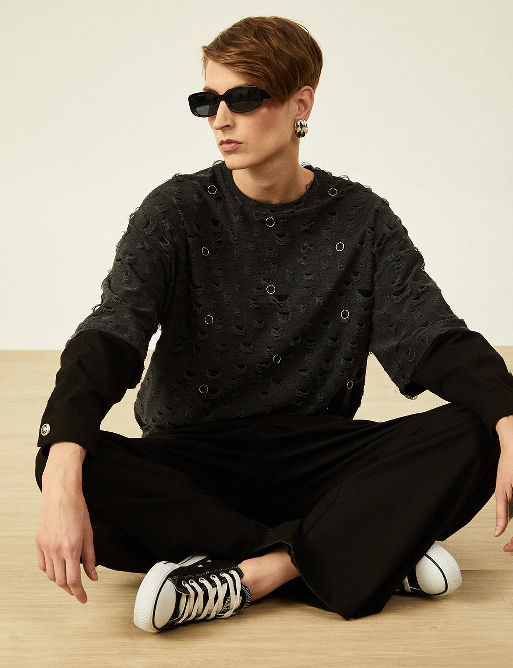 Ring Detailed Knitted Sweatshirt Black