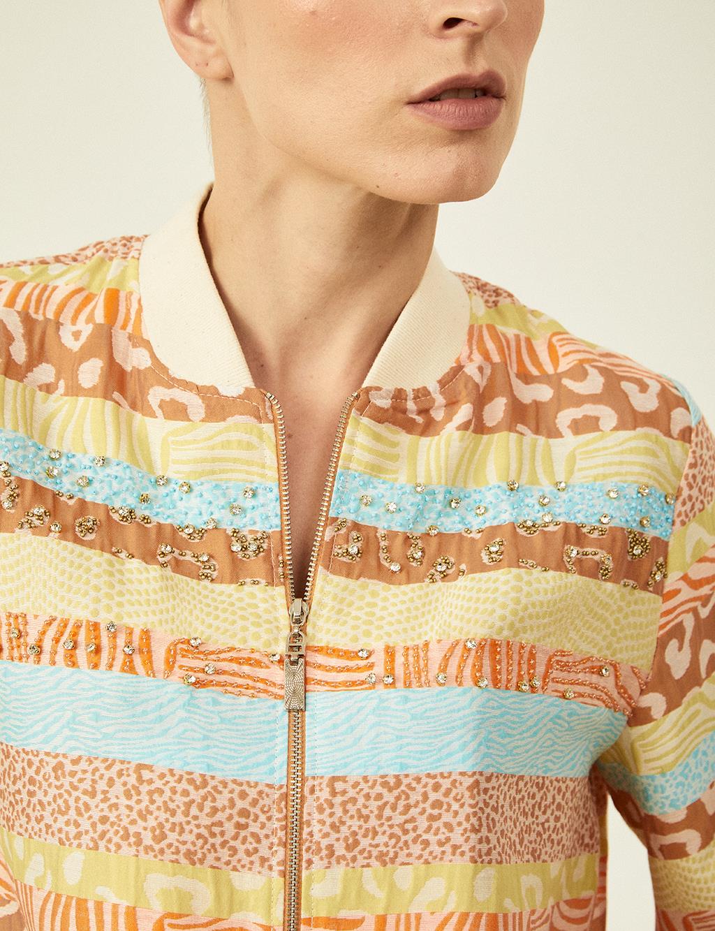 College Collar Abstract Pattern Zippered Jacket Orange