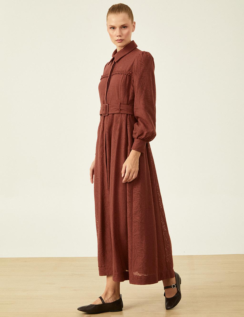 Belt Detailed Dress Red Coffee