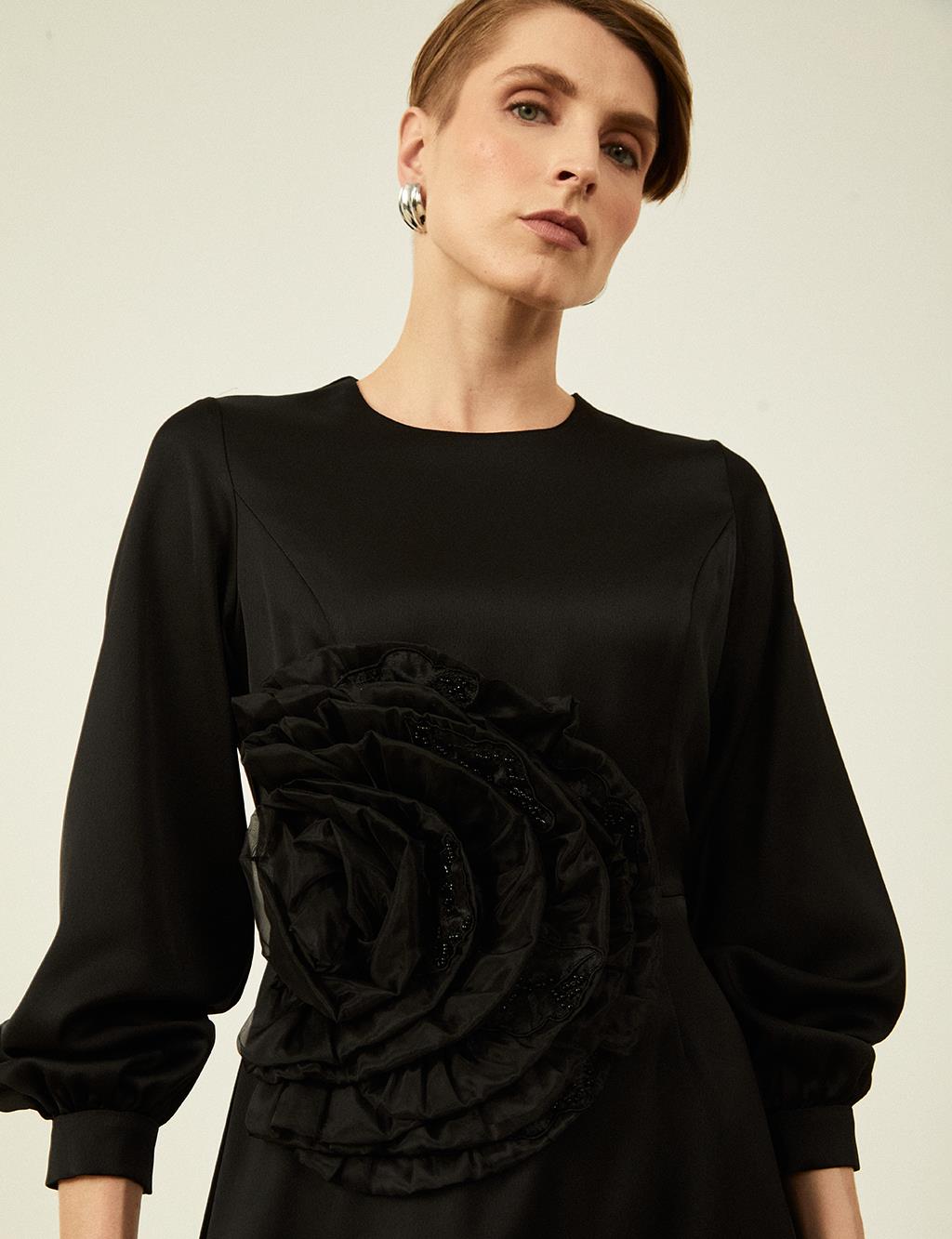 Rose Motif Satin Dress Black