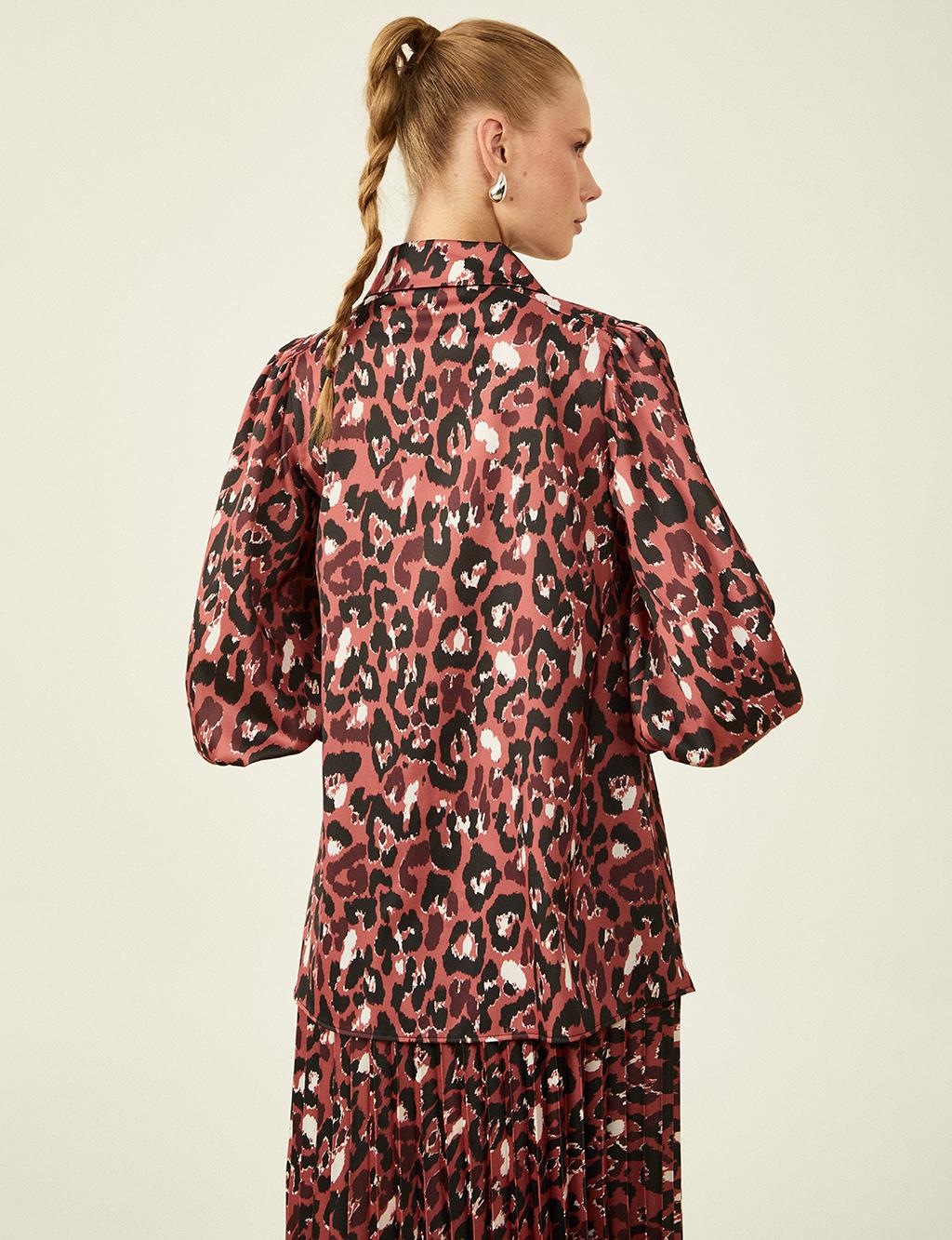 Leopard Patterned Embroidered Collar Satin Blouse Claret Red