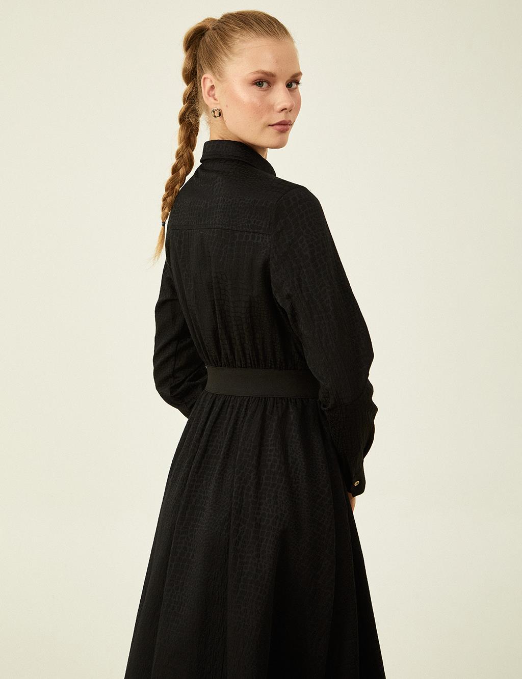 Textured Waist Elastic Dress Black