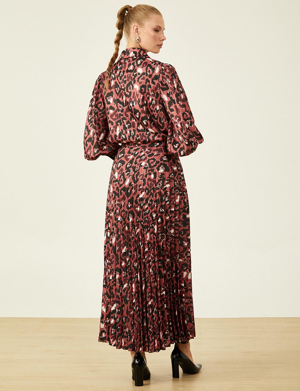 Leopard Patterned Pleated Skirt Claret Red