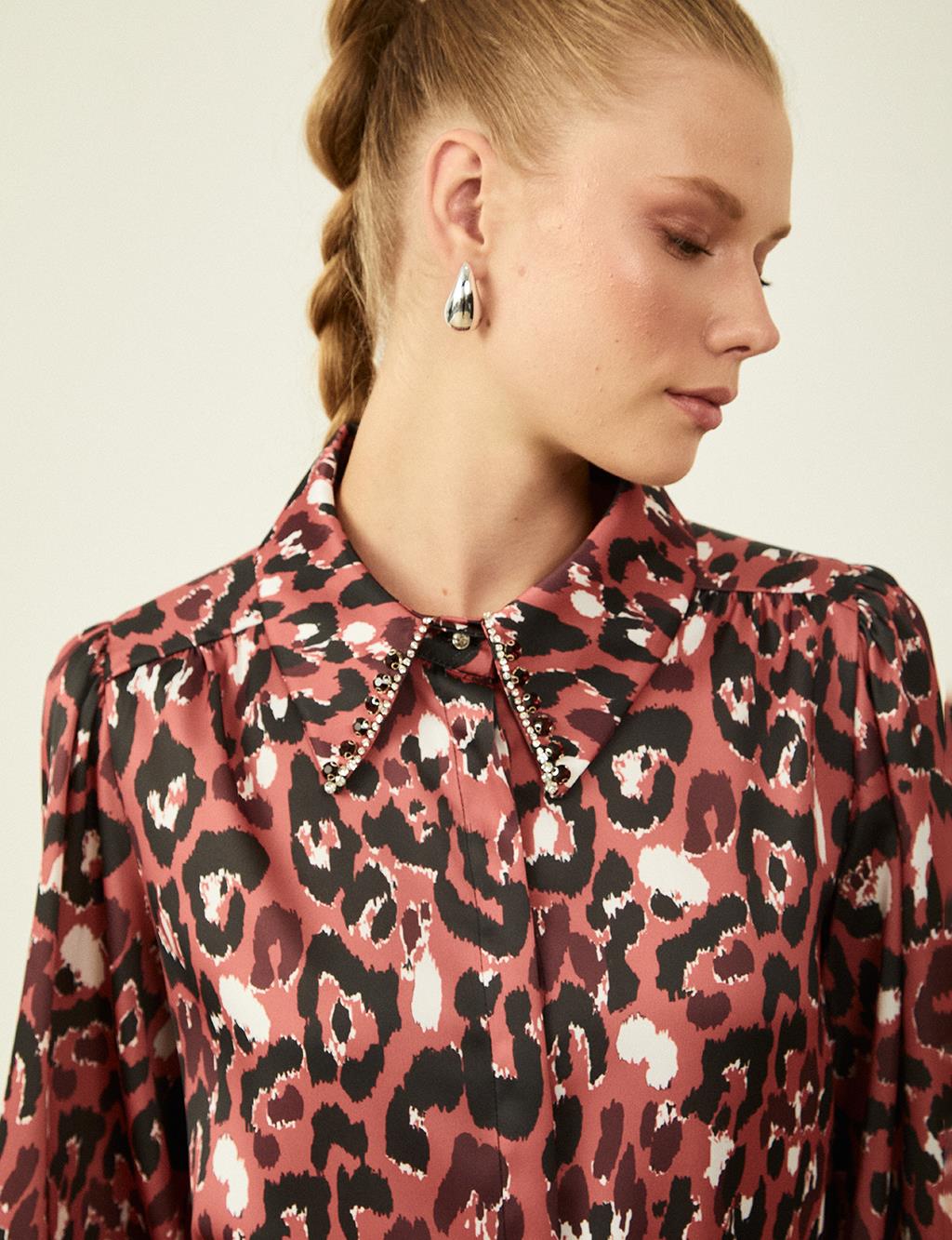 Leopard Patterned Embroidered Collar Satin Blouse Claret Red