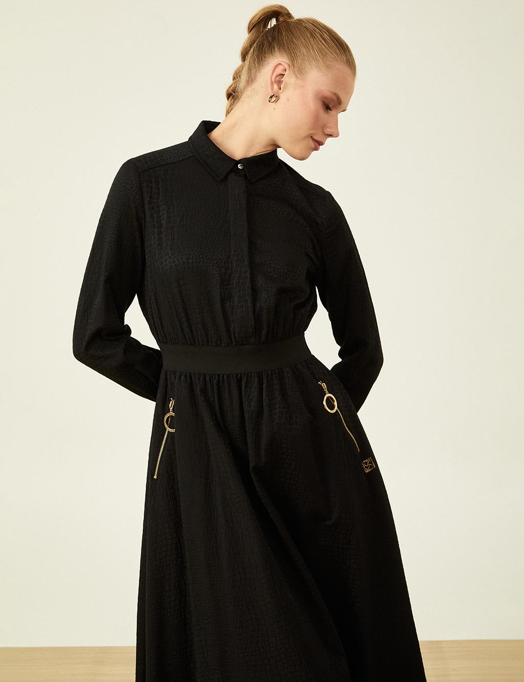 Textured Waist Elastic Dress Black