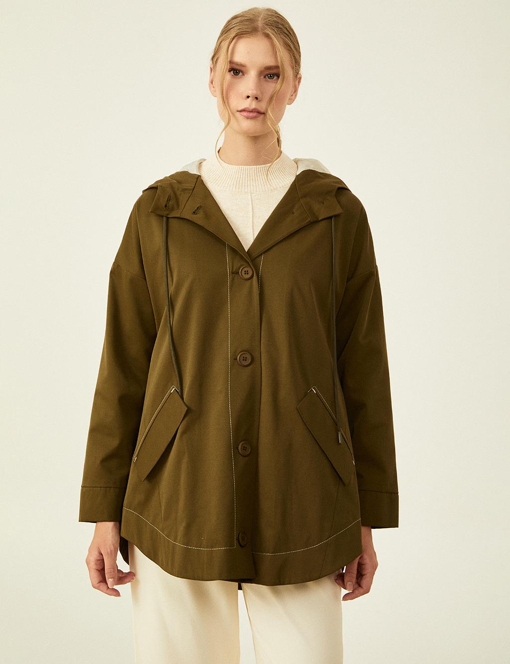 Point Stitched Hooded Cape Khaki