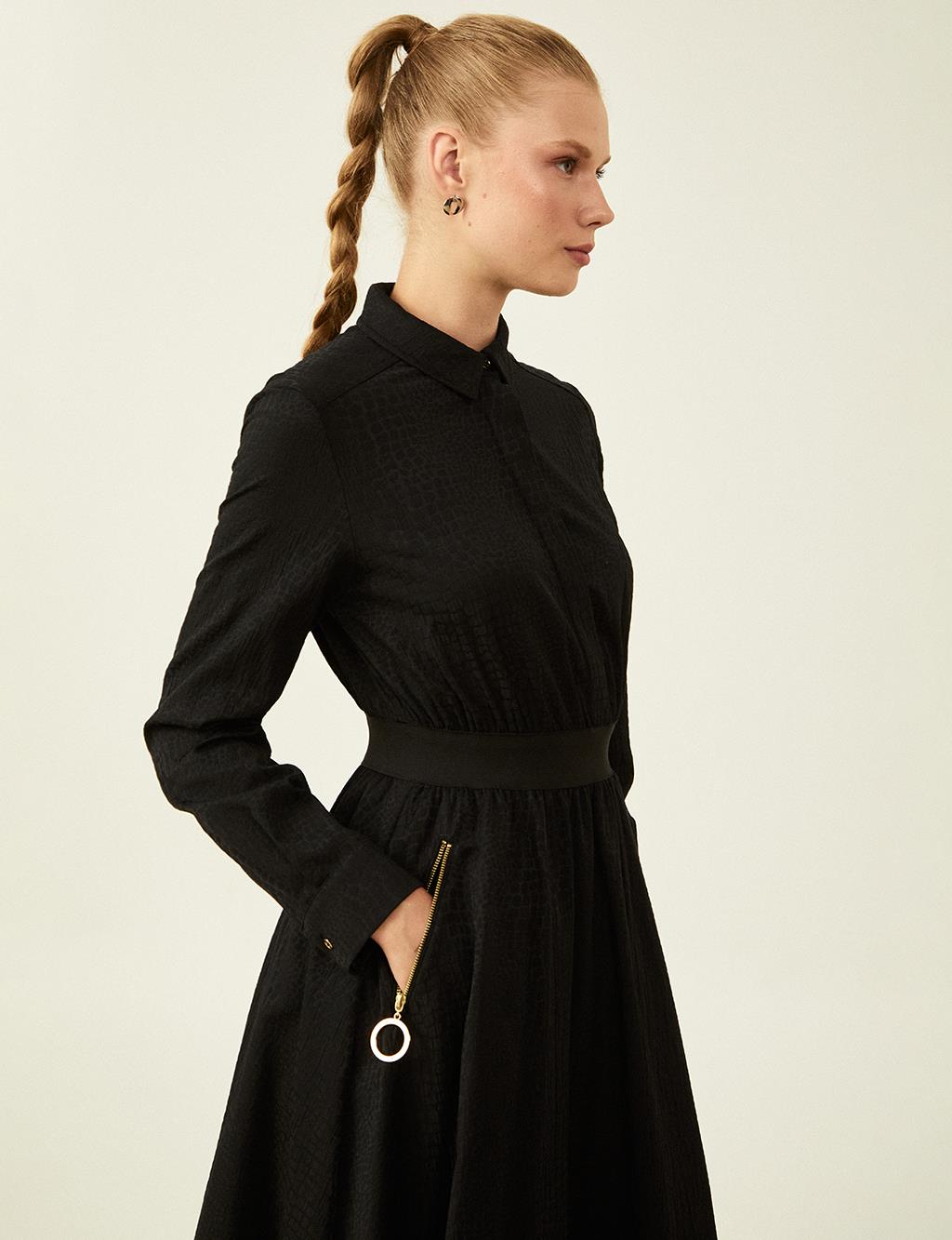 Textured Waist Elastic Dress Black