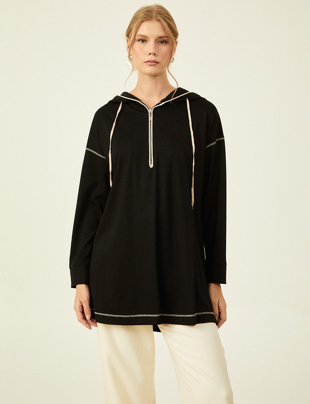 Half Zipper Closure Tunic Black