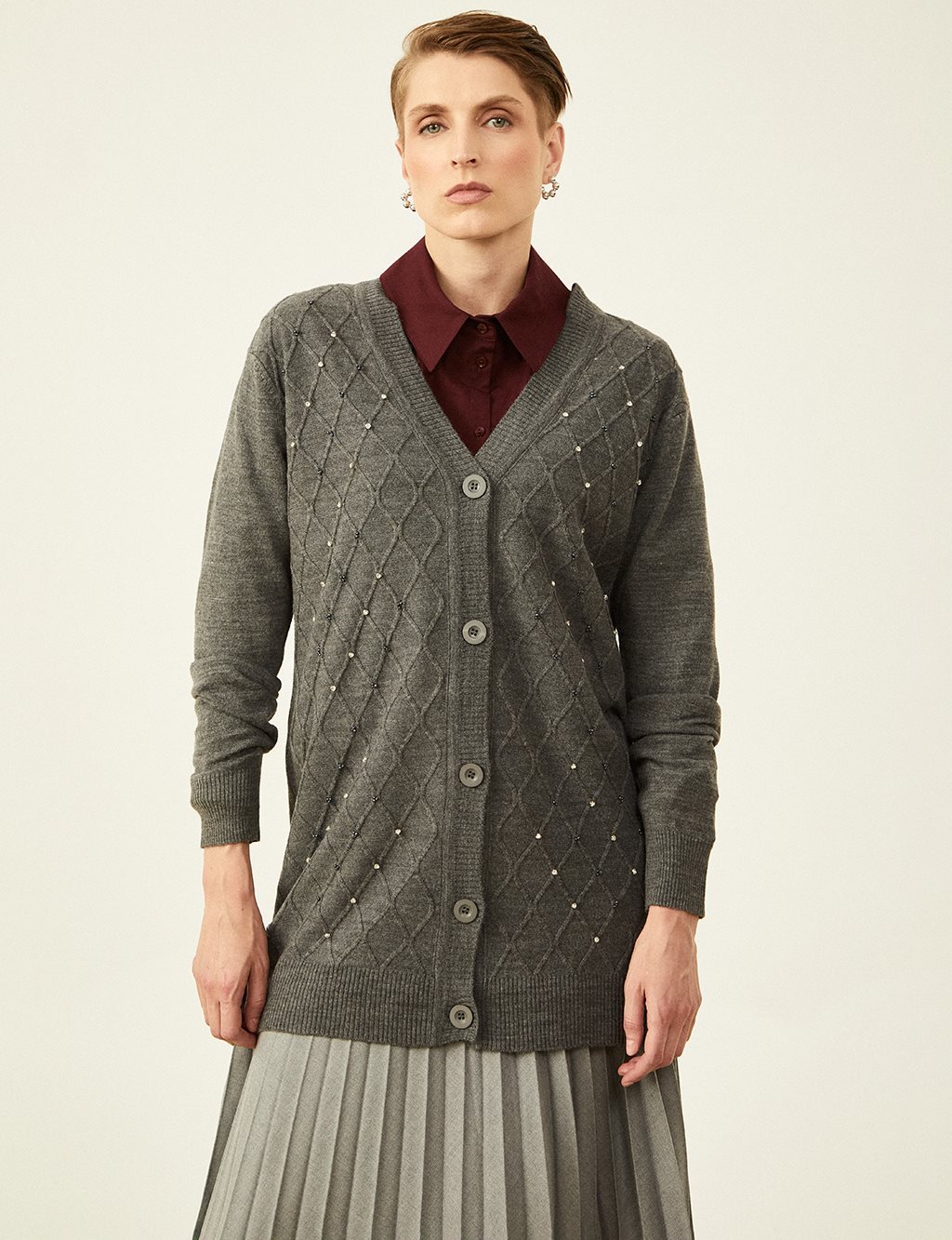 Stone Embroidered Knitted Cardigan Anthracite