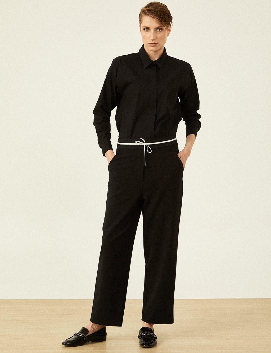 Elastic Waist Laced Trousers Black