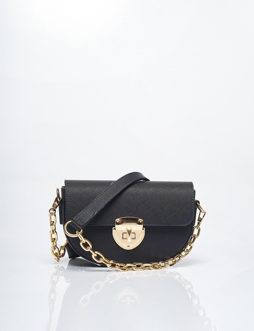 Chain Detailed D Shape Bag Navy Blue