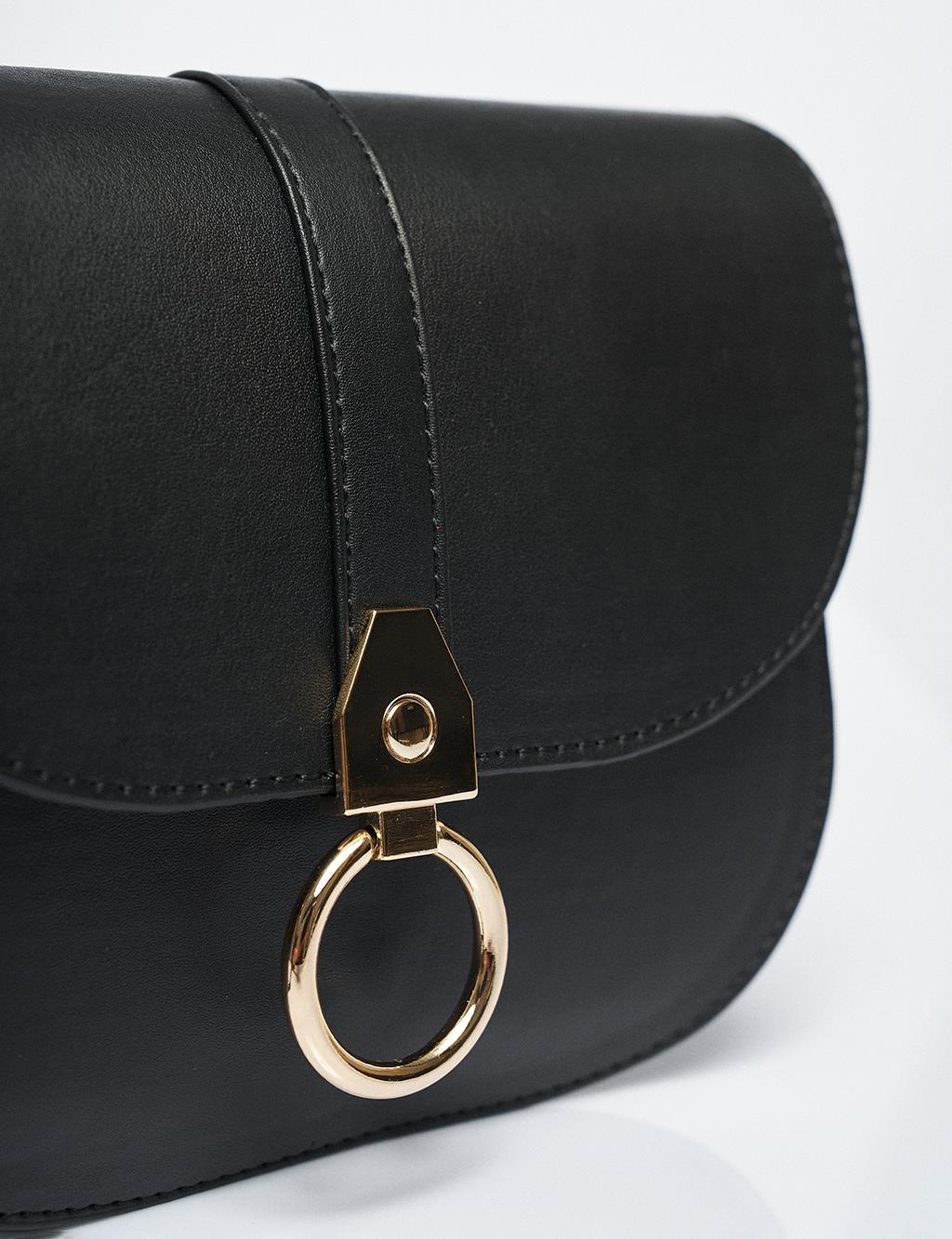 Designed Flap Faux Leather Bag Black