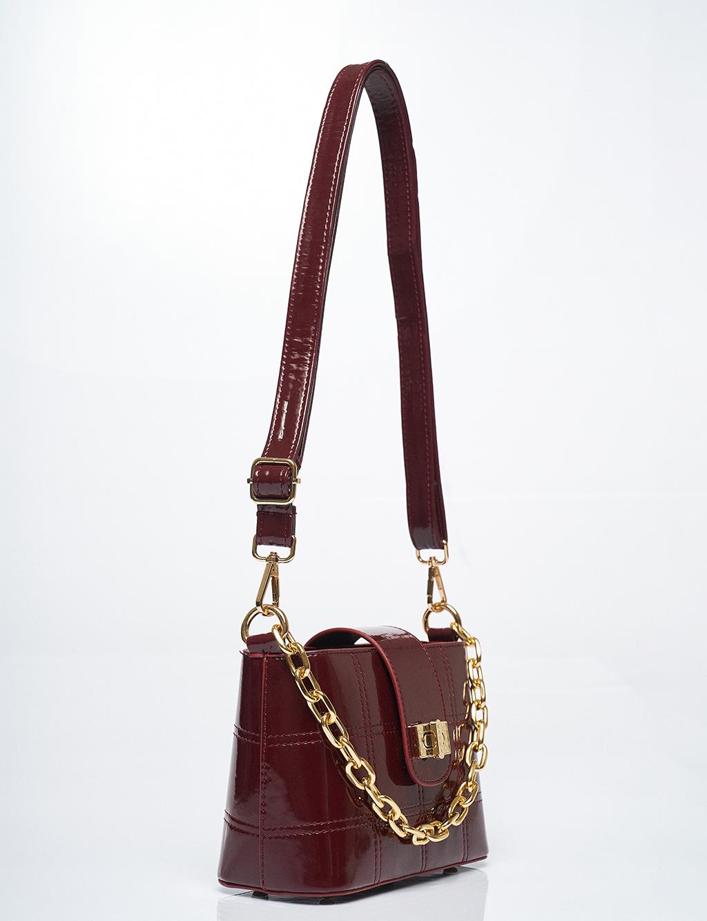 Chain Detailed Patent Leather Bag Claret Red