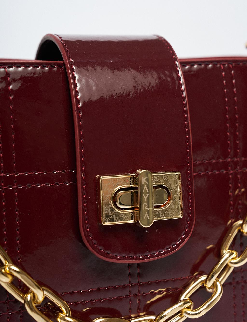 Chain Detailed Patent Leather Bag Claret Red