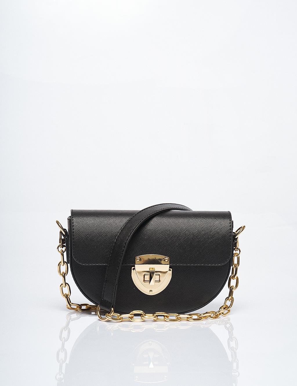 Chain Detailed D Shape Bag Black