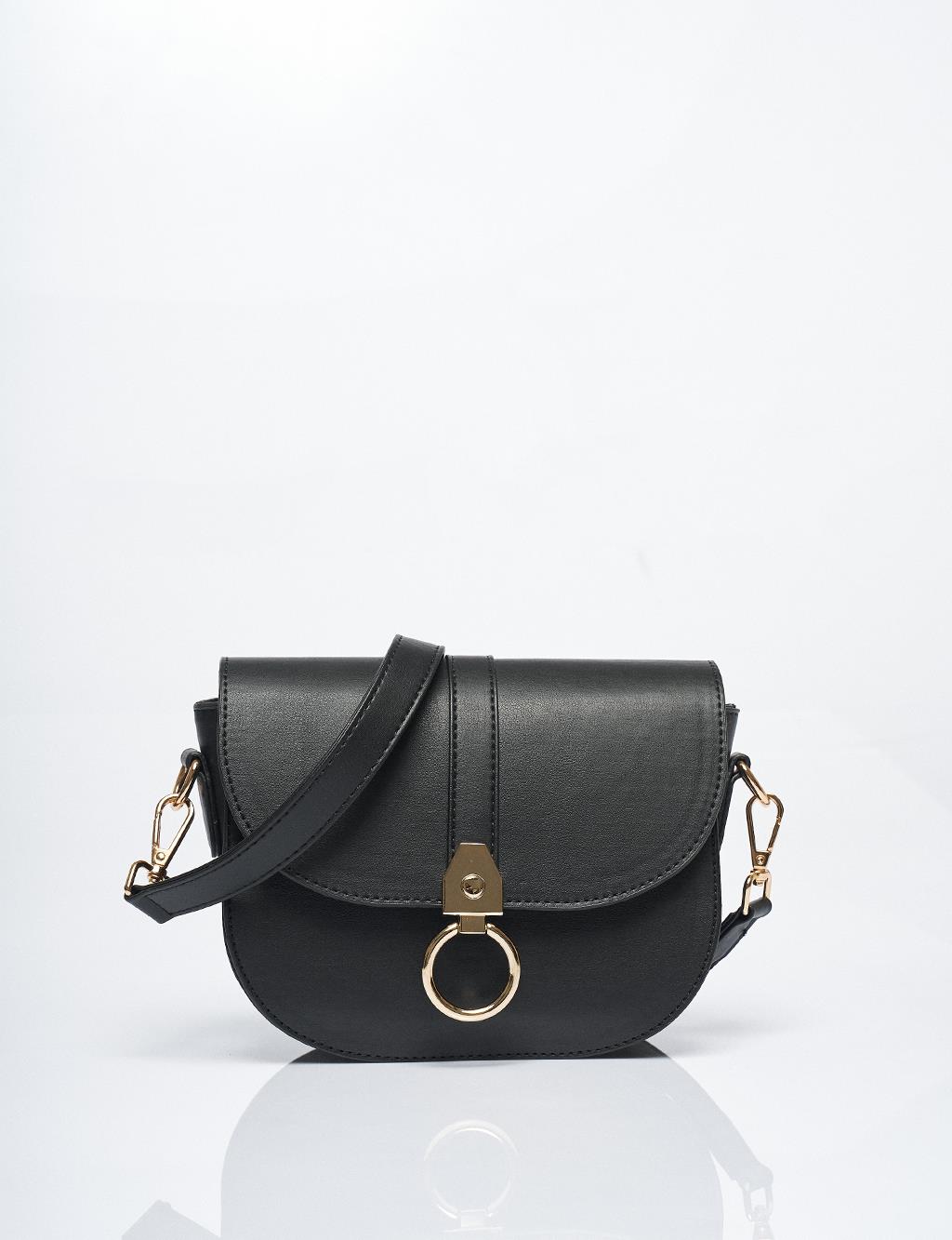 Designed Flap Faux Leather Bag Black