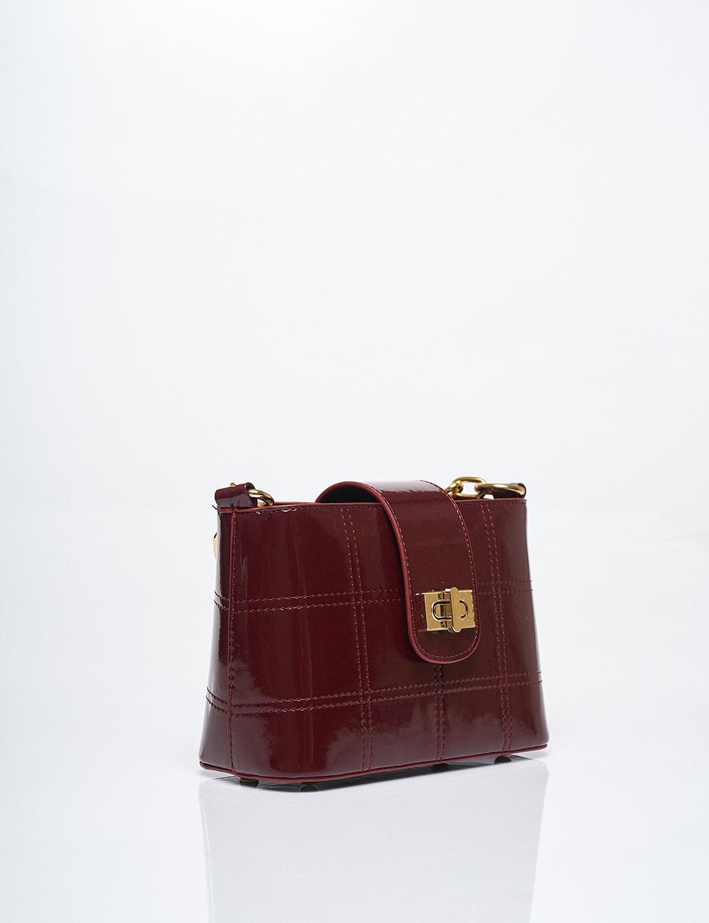 Chain Detailed Patent Leather Bag Claret Red