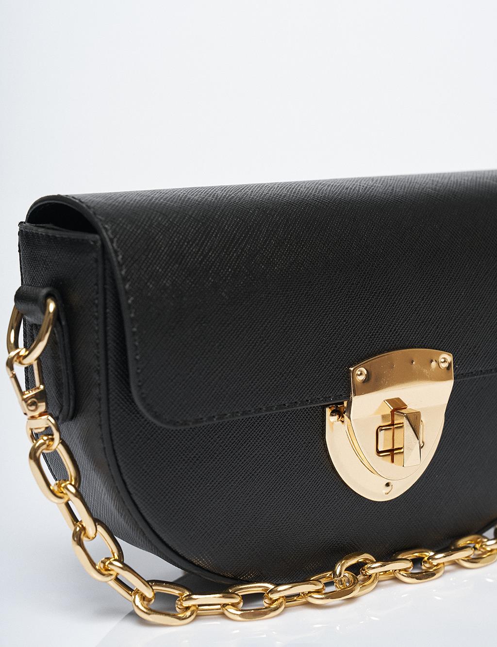 Chain Detailed D Shape Bag Black