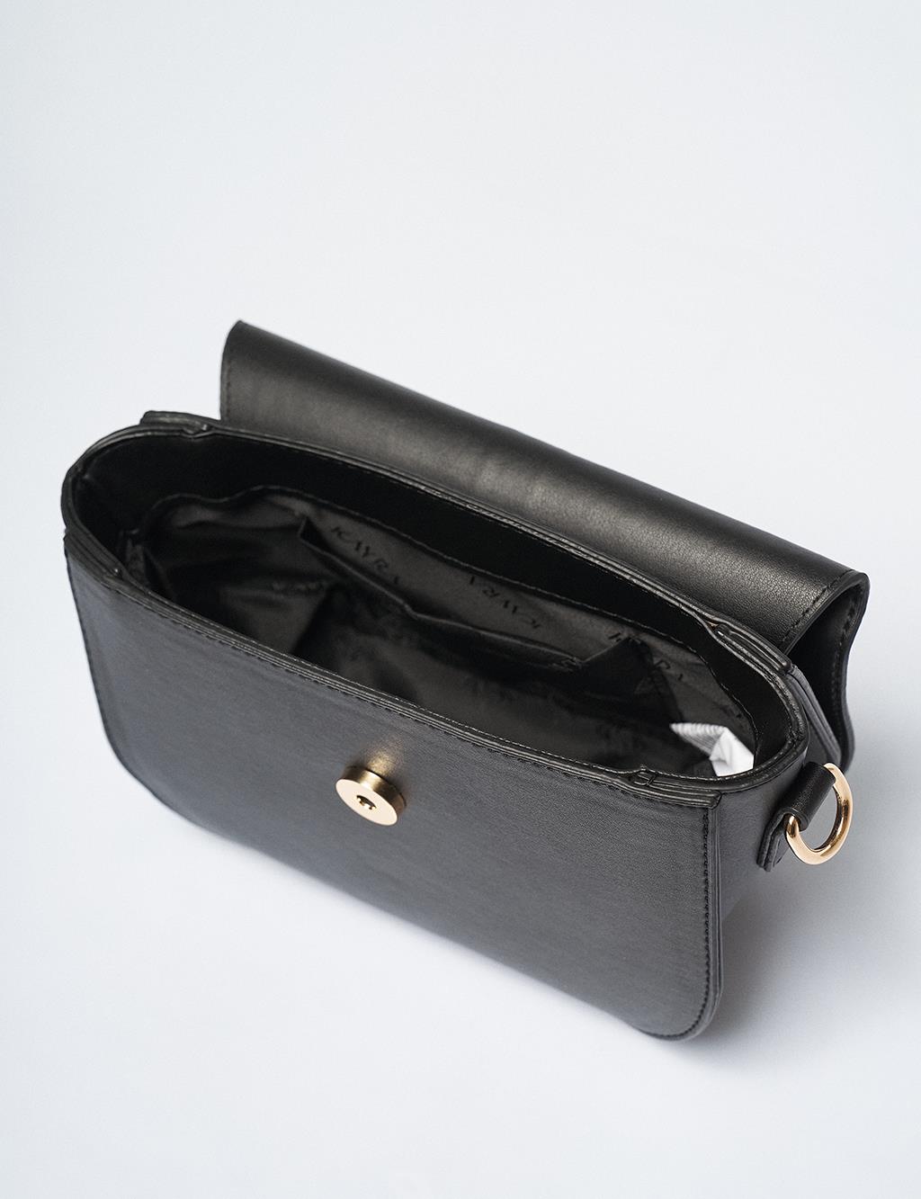 Designed Flap Faux Leather Bag Black