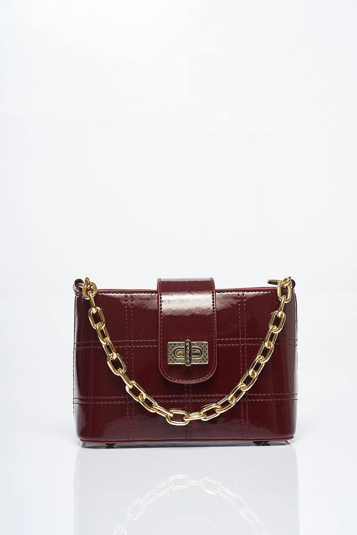 Chain Detailed Patent Leather Bag Claret Red