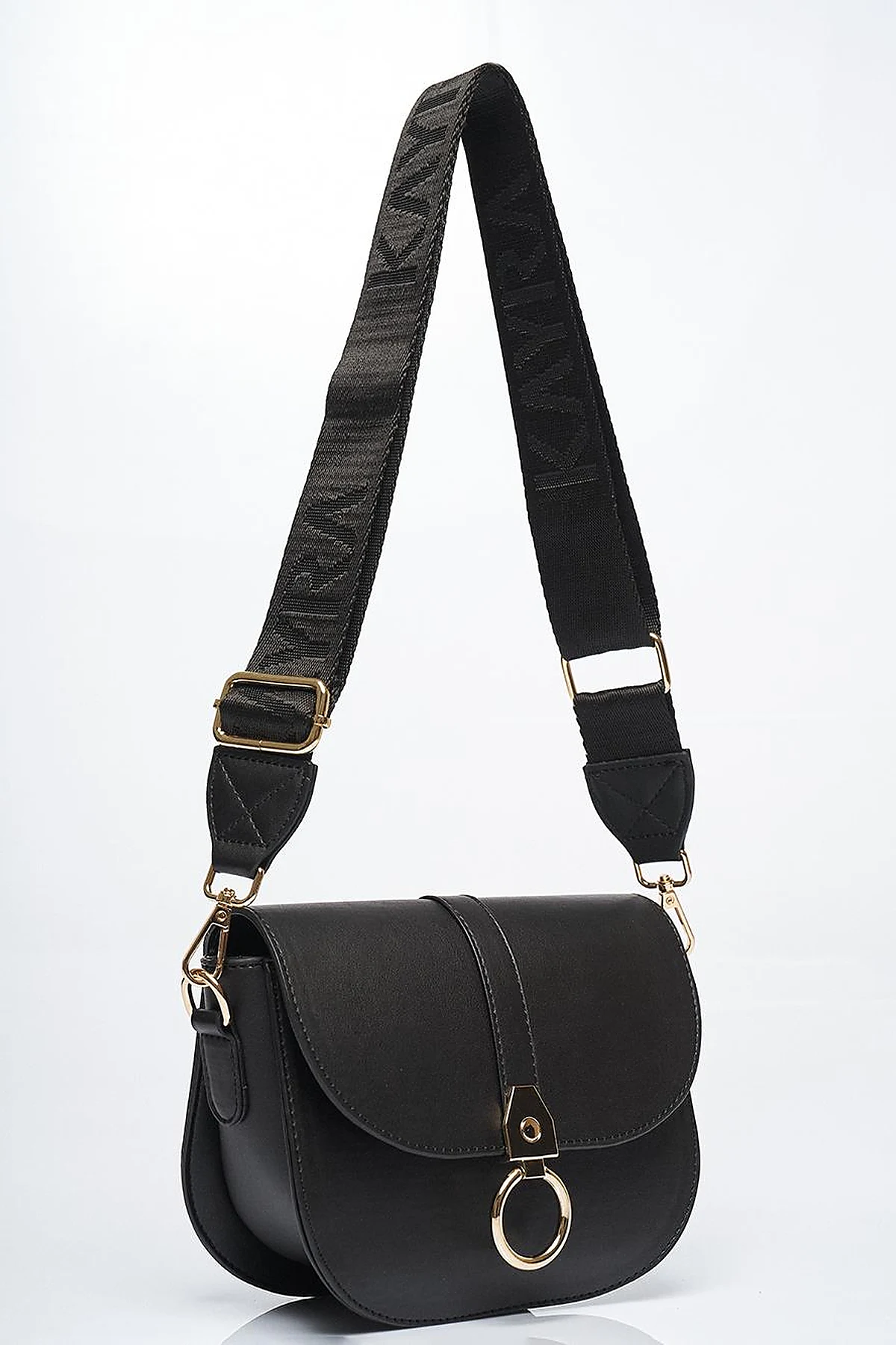 Designed Flap Faux Leather Bag Black