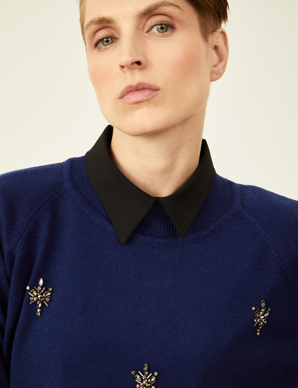 Stone Embroidered Turtleneck Tunic Indigo