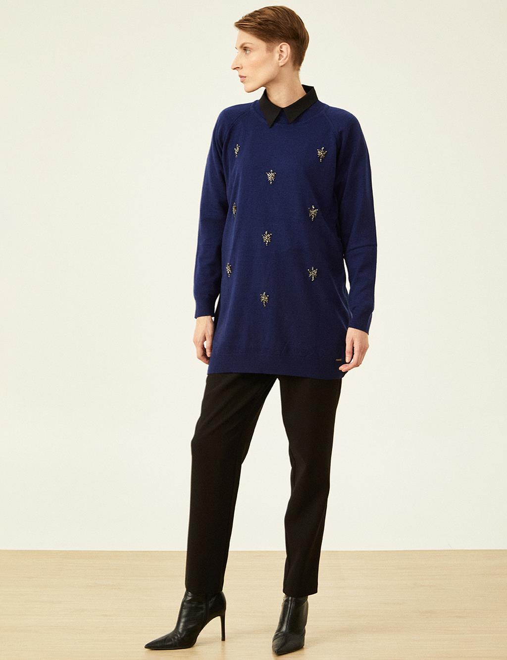 Stone Embroidered Turtleneck Tunic Indigo