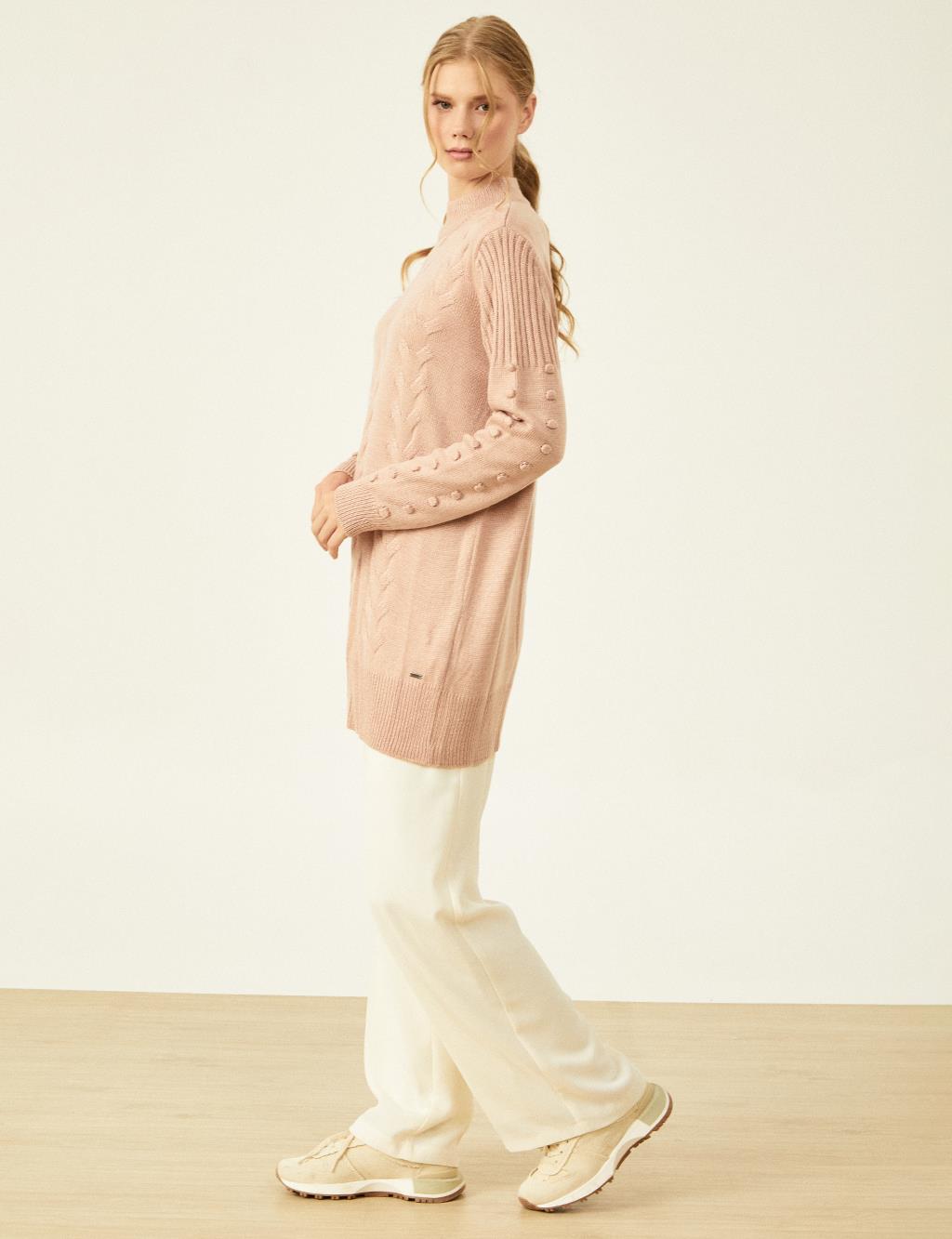 Knit Pattern Half Turtleneck Tunic Powder