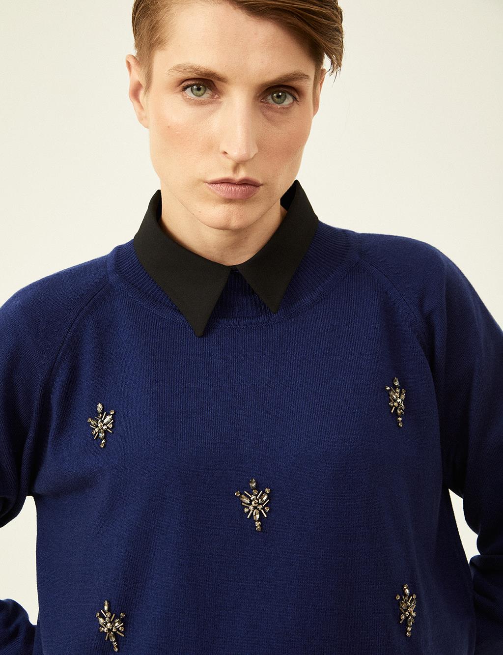 Stone Embroidered Turtleneck Tunic Indigo