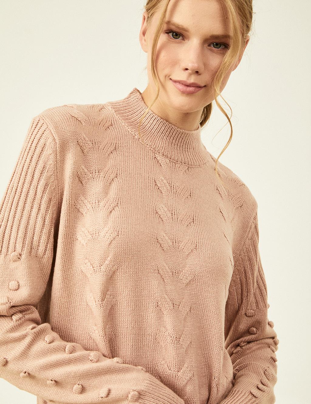 Knit Pattern Half Turtleneck Tunic Powder