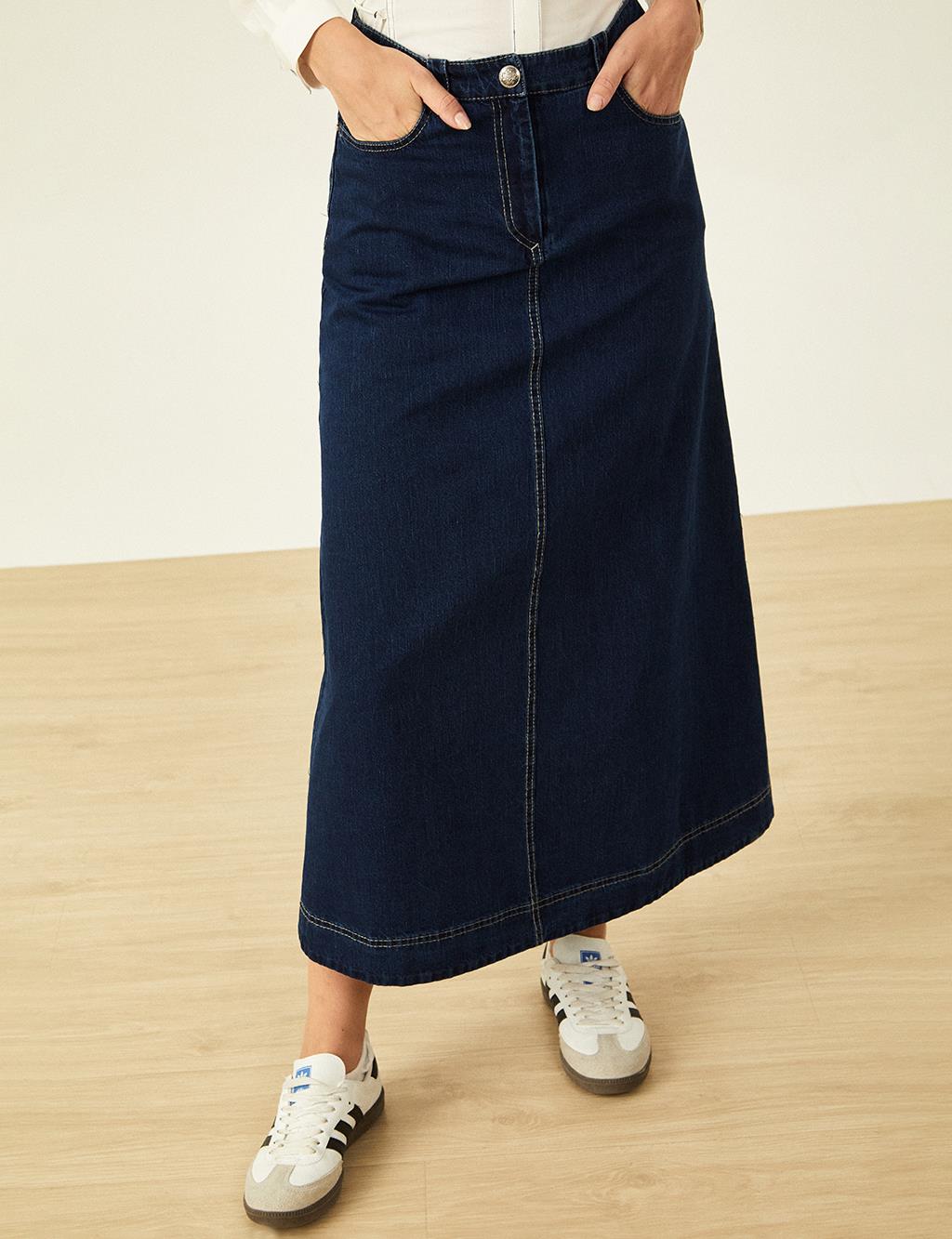 Pocket Detailed Denim Skirt Navy Blue