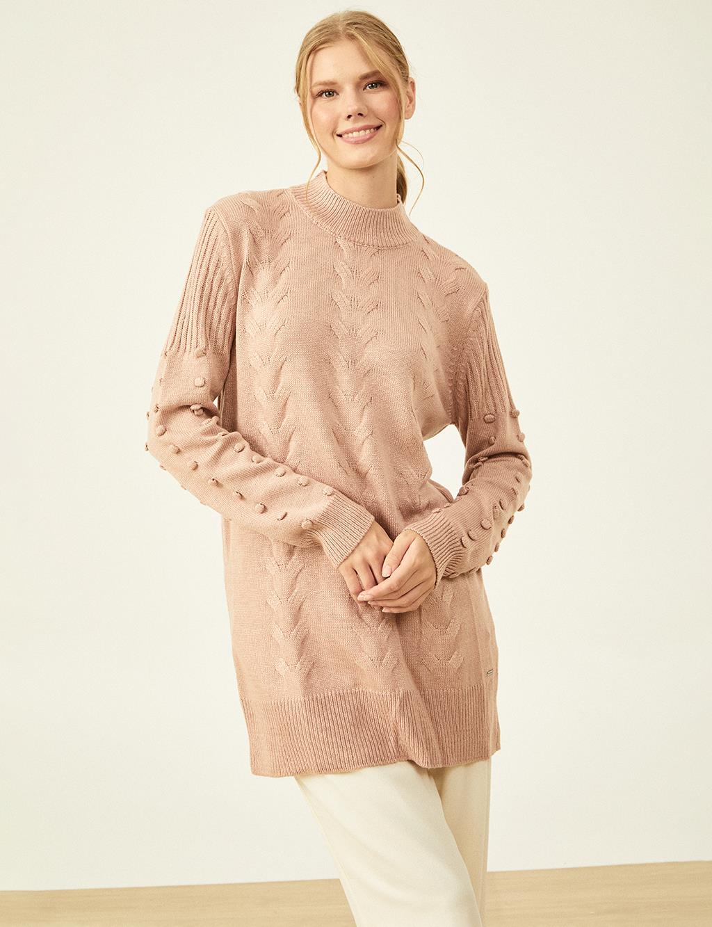 Knit Pattern Half Turtleneck Tunic Powder